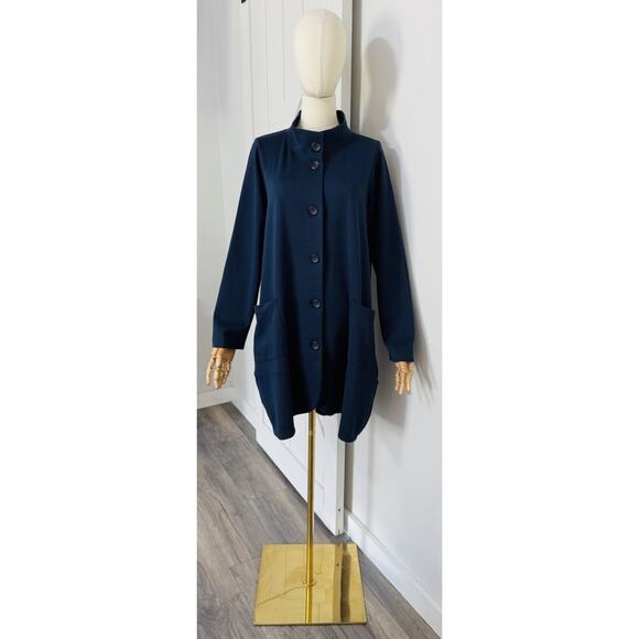 Comfy USA Women’s Size M Navy Blue Stretch Button Front Long Knit Coat Jacket - Picture 1 of 7